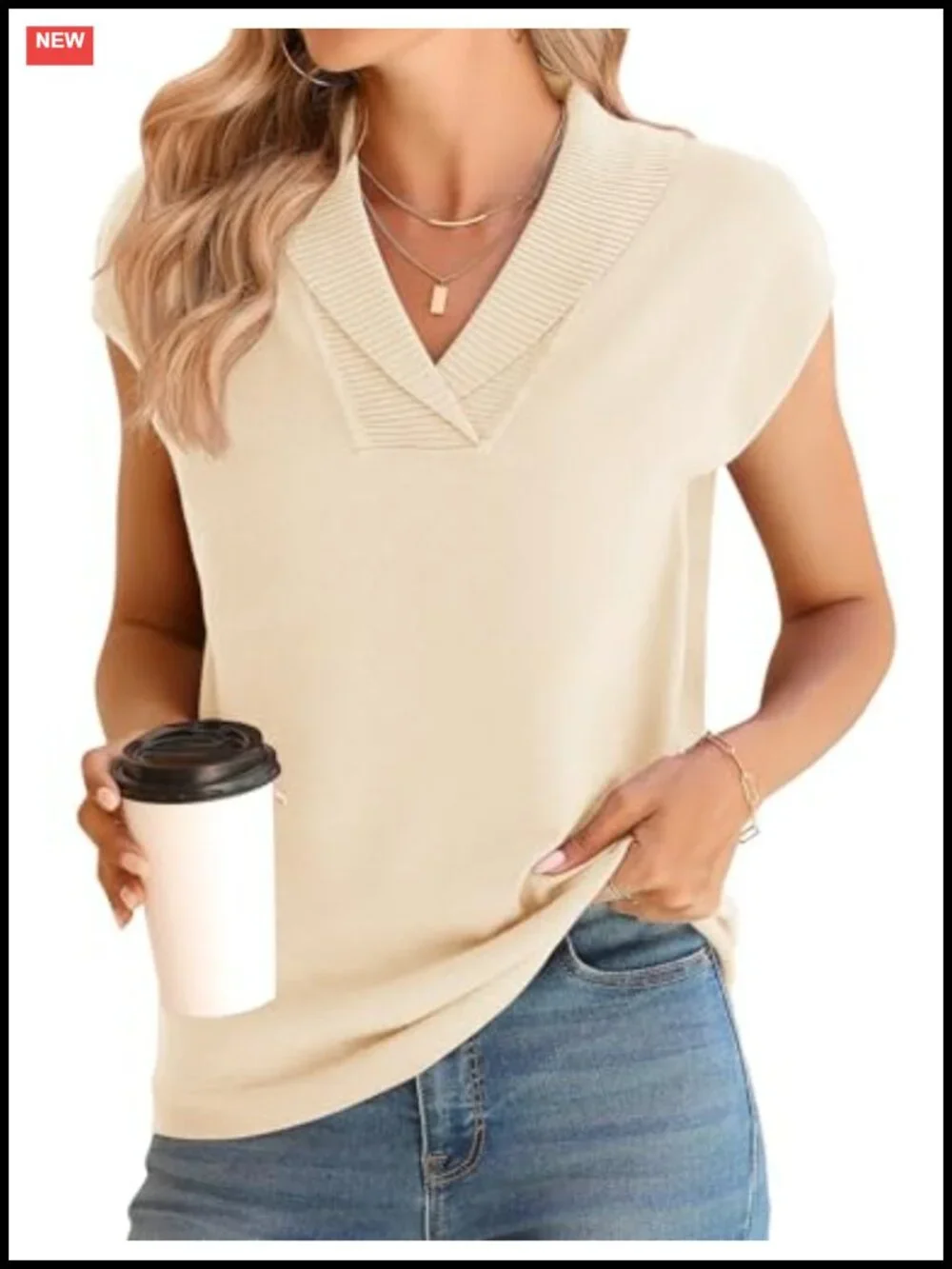 Womens V-Neck Knitted Pullover Sweater Vest Short Cap Sleeve Solid Lightweight